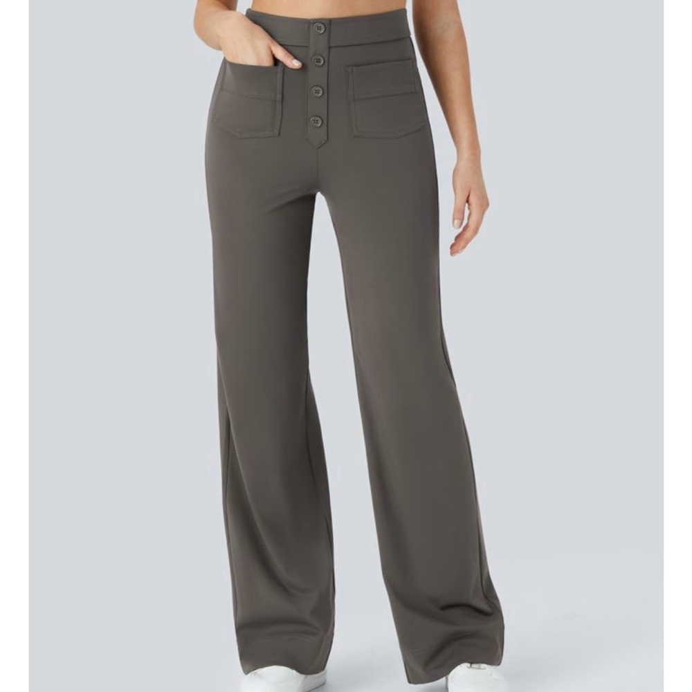 HALARA Grey Wide Leg High-Rise Pants with Button Front